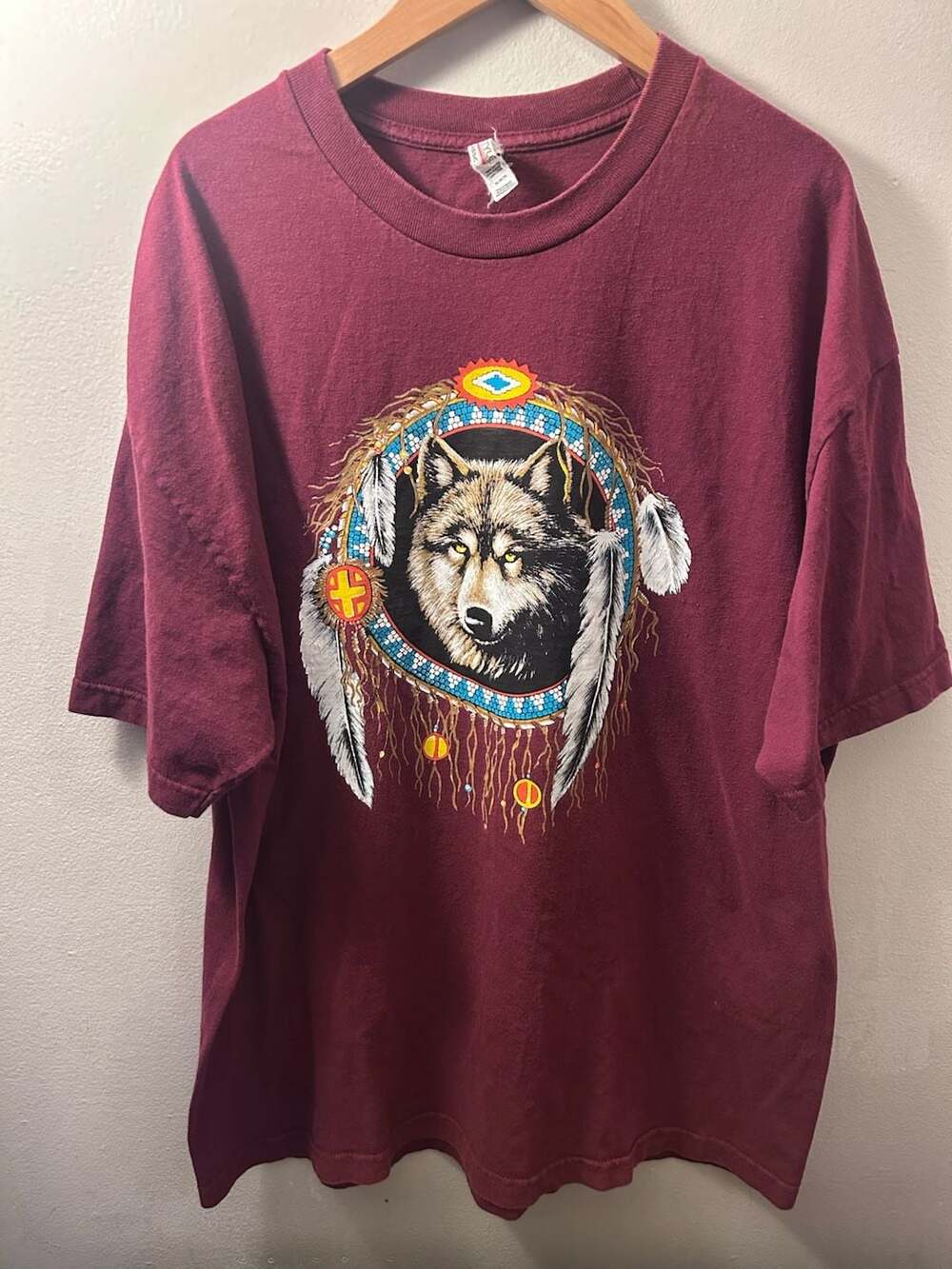 Vintage Alstyle Wolf Dream Catcher Graphic T-Shirt XL Maroon